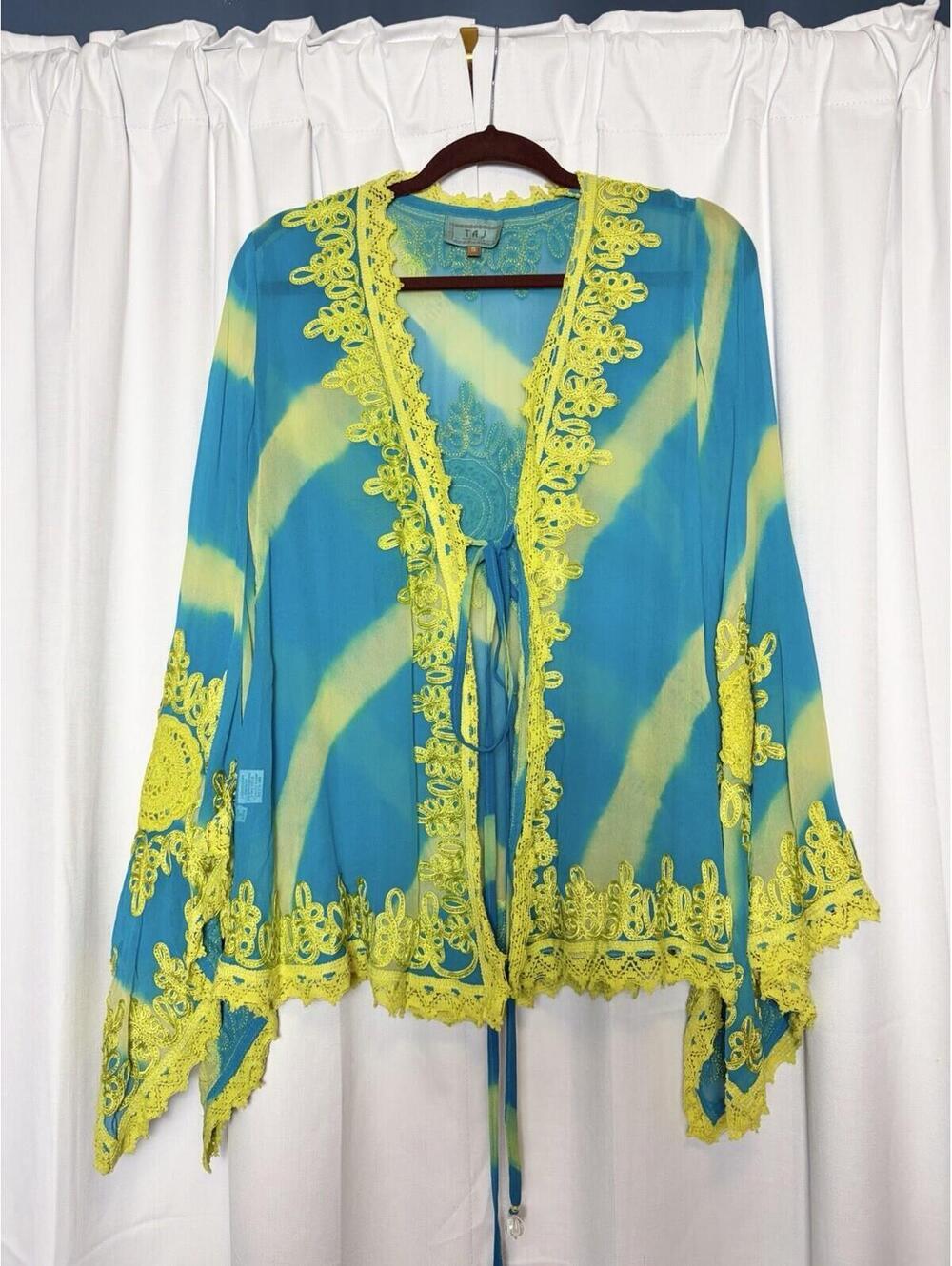 Taj By Sabrina Crippa Blue & Green Silk Bell Sleeve Tie Front Blouse S $298